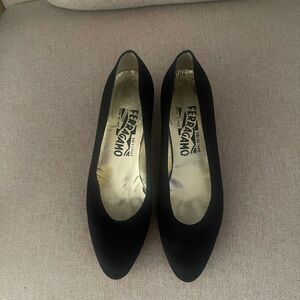 Salvatore Ferragamo Black Pointed-Toe Satin Pumps